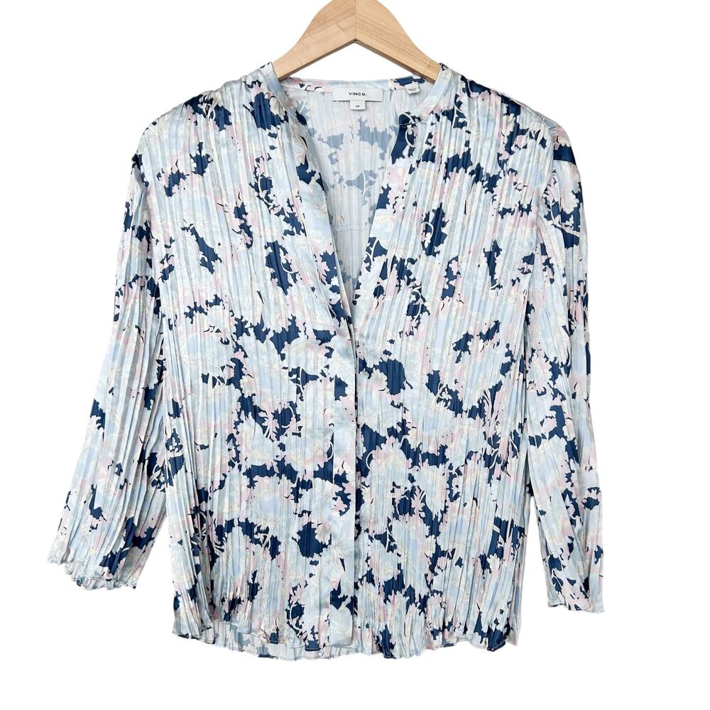 Vince Lotus Pleated Floral Crinkle Button Front Blouse Sz S